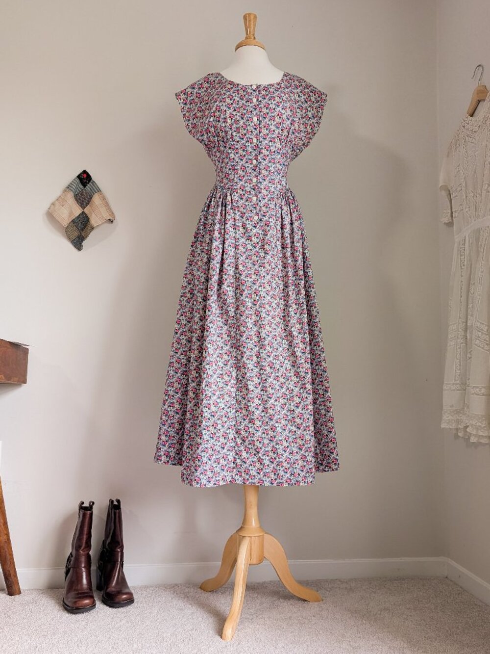 Vintage Floral Button Front Cinched Waist Cotton Midi Dress Size Small 80's - Picture 10 of 11